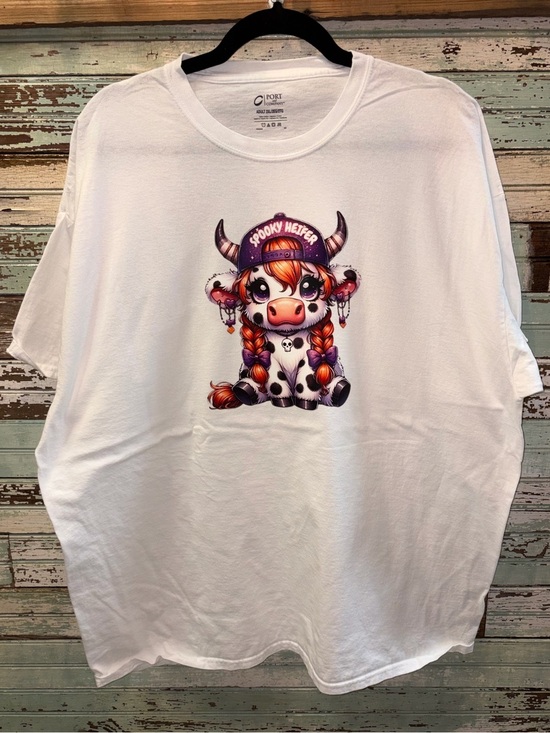 Port and Company Tops - Port and Company White Tee with Orange & Purple Spooky Heifer Graphic